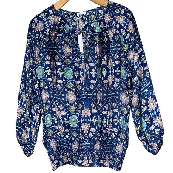 Ecru NWT Women’s S Cobalt Blue Weaver Kilim Silk Aztec Print Tassel Front Top - Picture 2 of 9